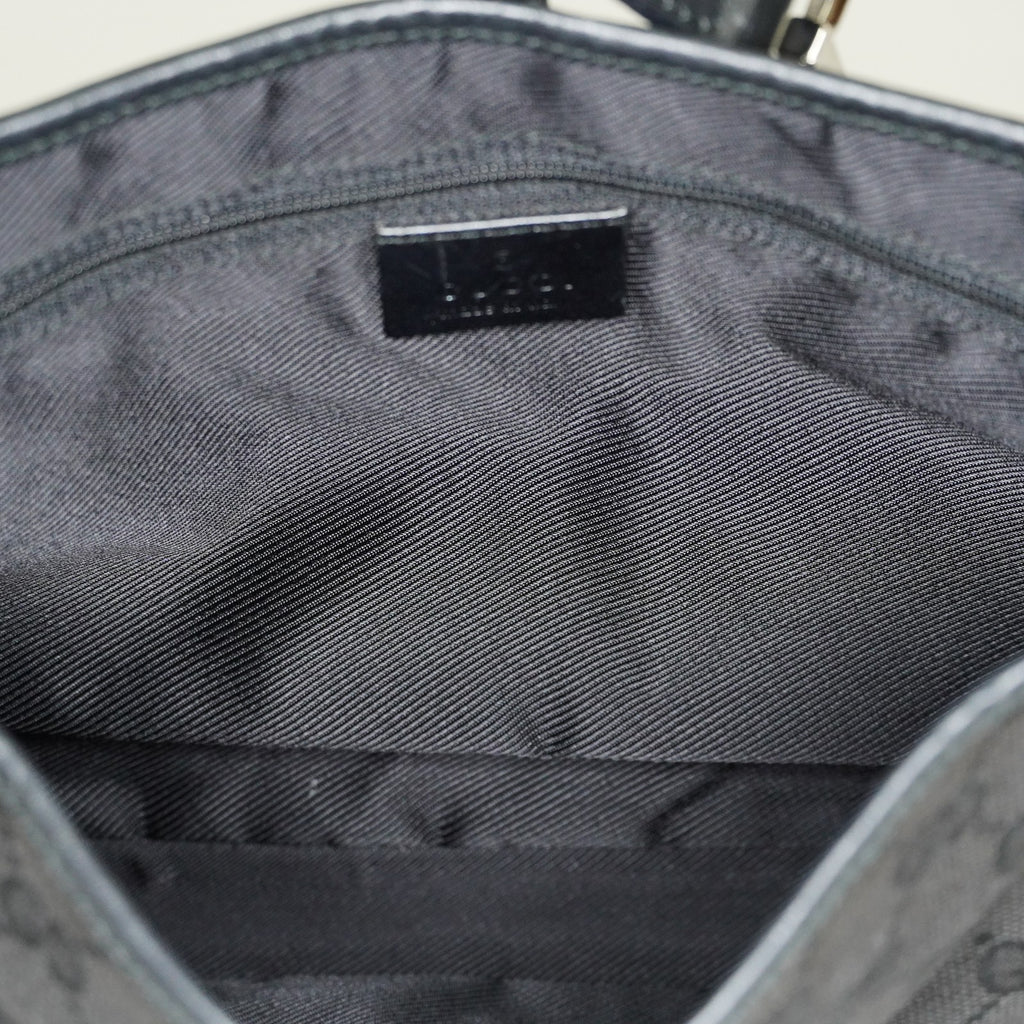 Gucci GG Canvas Shoulder Bag 30cm Black Leather Trim Vintage Used 07E263740009