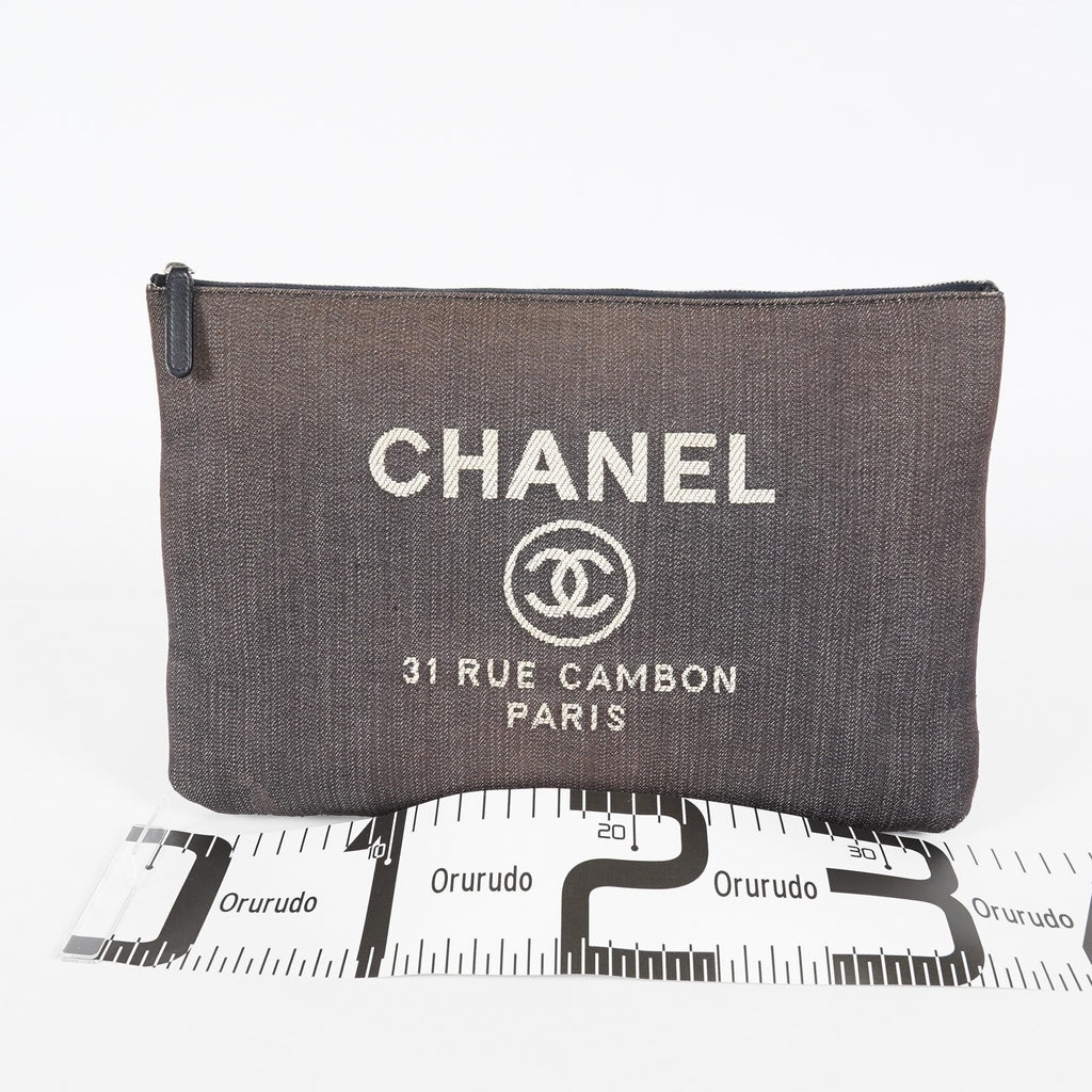 CHANEL Deauville Canvas Clutch Bag Pouch CC Logo Dark Brown Used 07A144118424