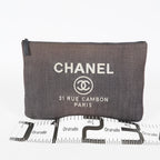 CHANEL Deauville Canvas Clutch Bag Pouch CC Logo Dark Brown Used 07A144118424
