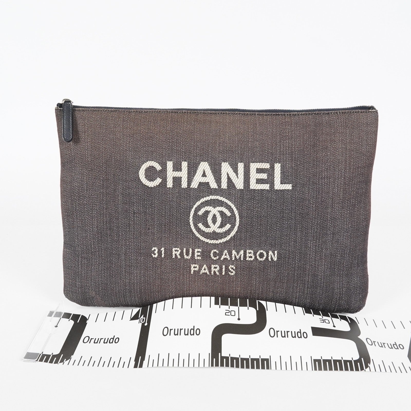 CHANEL Deauville Canvas Clutch Bag Pouch CC Logo Dark Brown Used 07A144118424