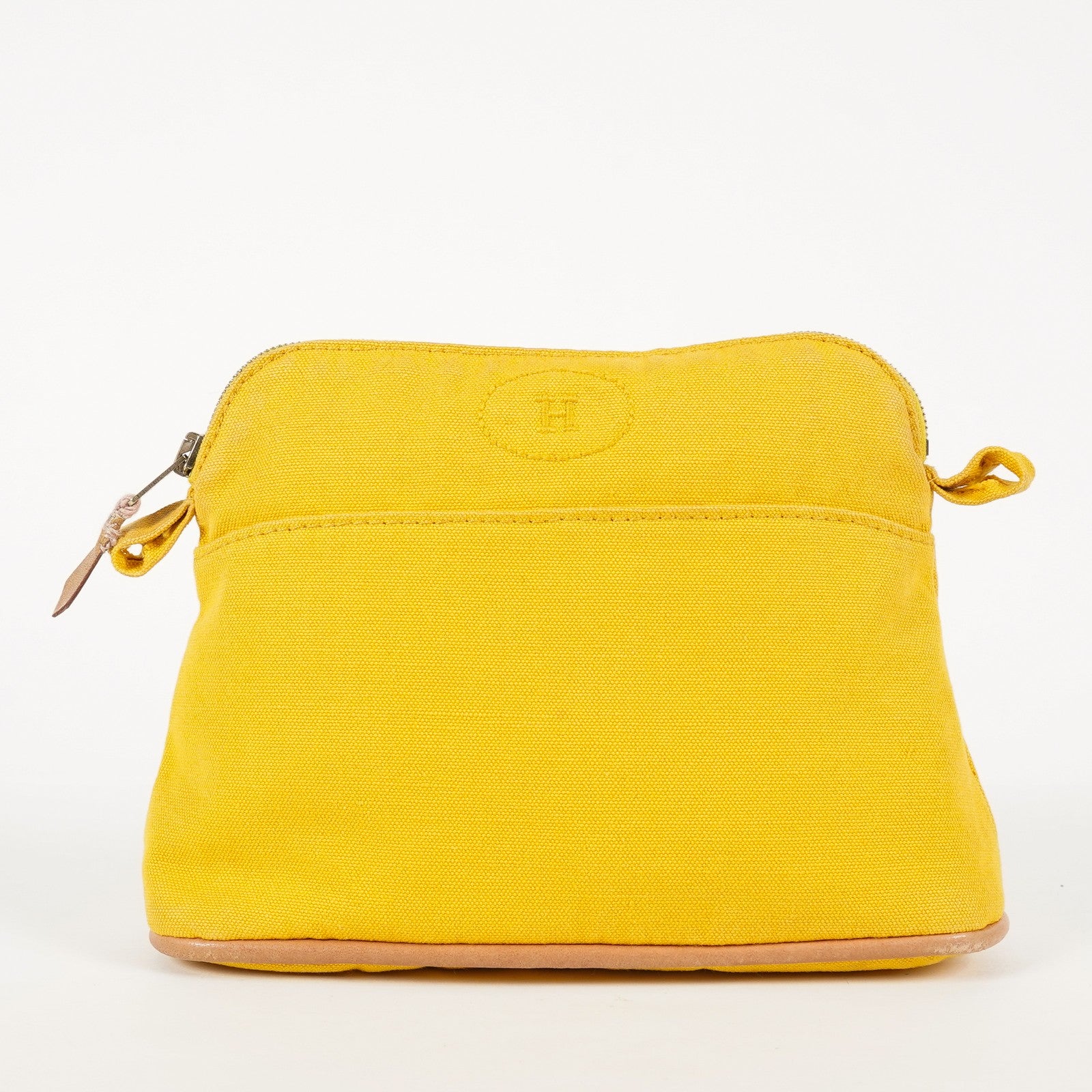 Hermes Bolide Pouch 23 Yellow Canvas Leather Trim Zip Pouch Bag Used 08E33825007