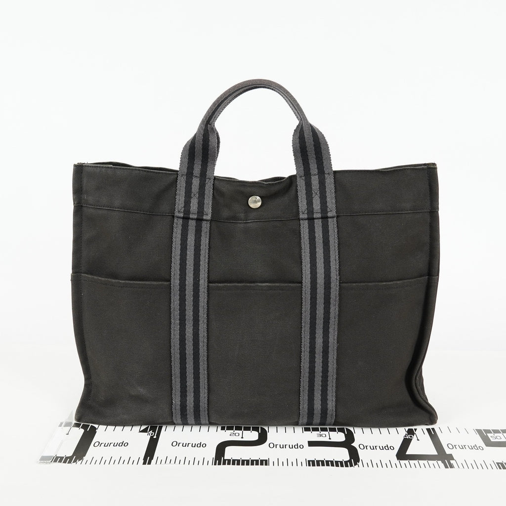 Hermes Fourre-Tout MM Black Canvas Leather Tote Bag Used Auth 09E02825011