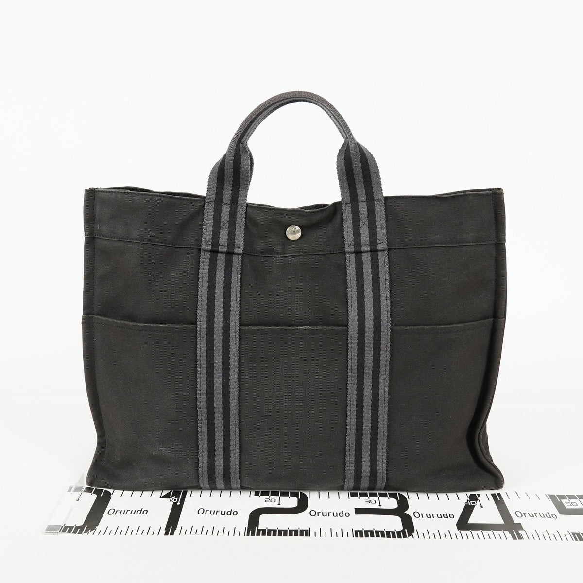 Hermes Fourre-Tout MM Black Canvas Leather Tote Bag Used Auth 09E02825011