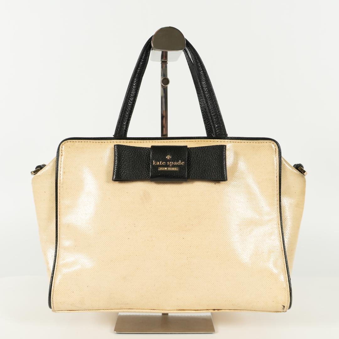 kate spade handbag beige black with bow gold logo plate leather 225243940936
