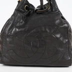 CHANEL Vintage CC Black Leather Drawstring Shoulder Bag 26cm Used 07E118580027