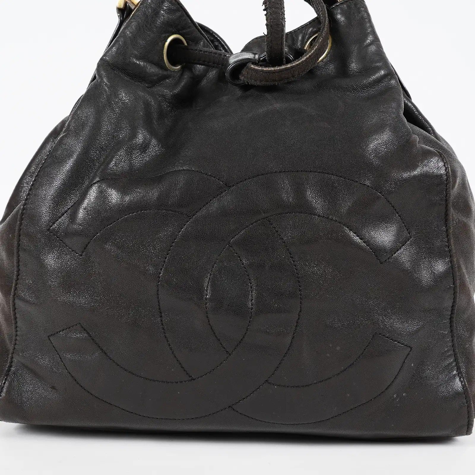 CHANEL Vintage CC Black Leather Drawstring Shoulder Bag 26cm Used 07E118580027