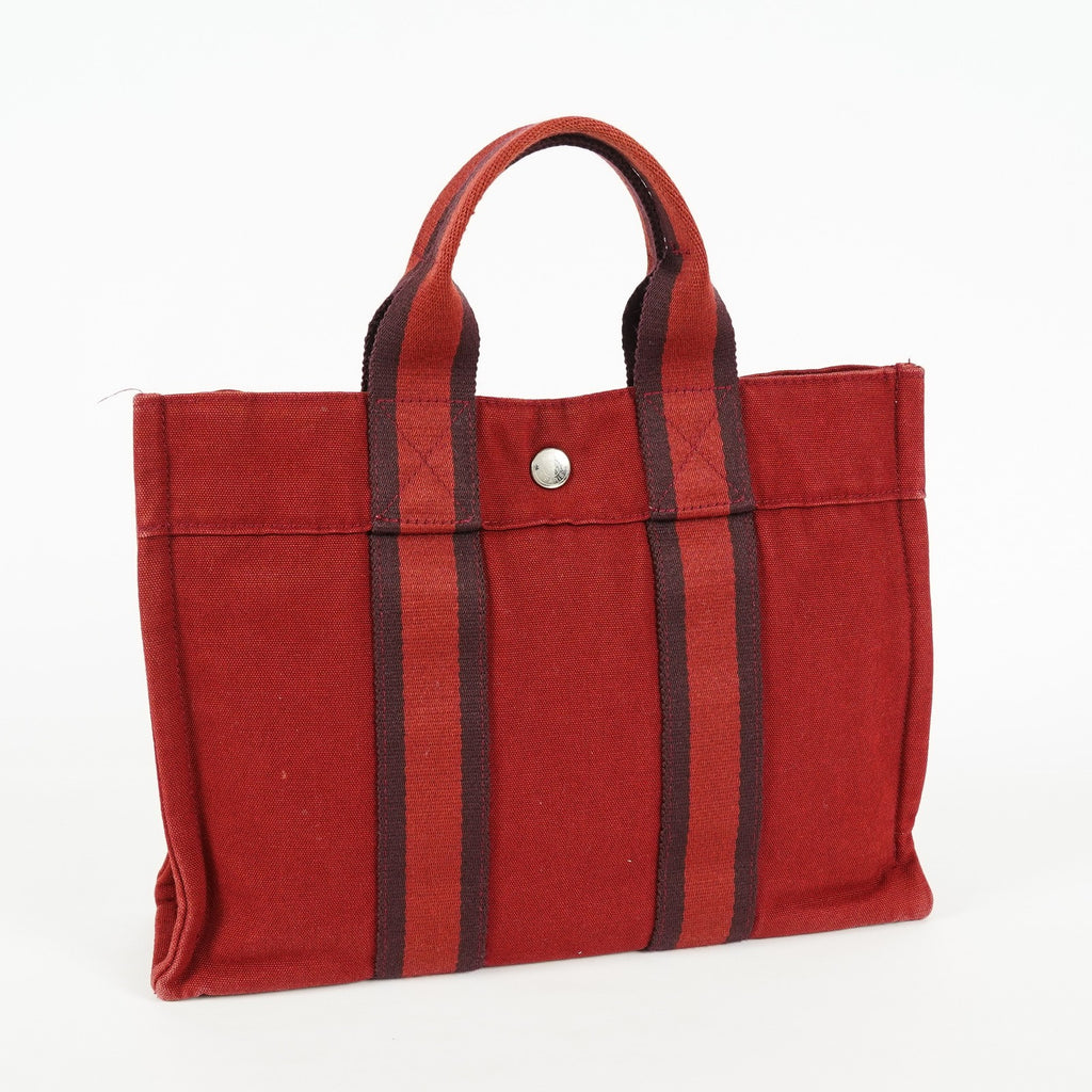 Hermes Fourre-Tout PM Red Canvas Leather Tote Bag Used Vintage 09E05825011