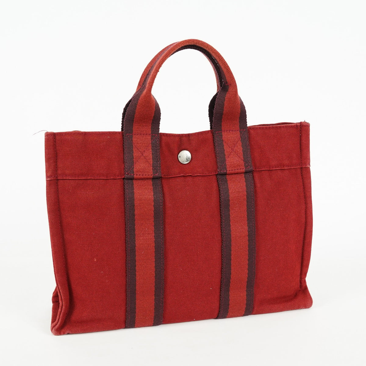 Hermes Fourre-Tout PM Red Canvas Leather Tote Bag Used Vintage 09E05825011
