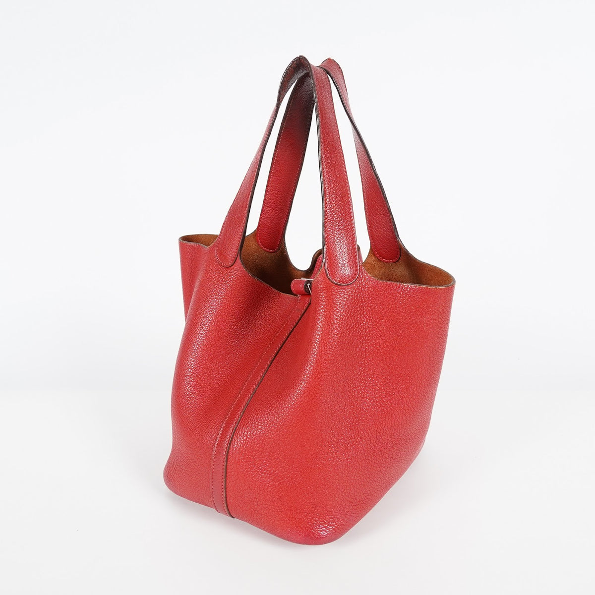 HERMES Picotin PM Red Leather Bucket Tote Bag Silver Hardware Used 08M3418241317