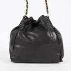 CHANEL Vintage CC Black Leather Drawstring Shoulder Bag 26cm Used 07E118580027