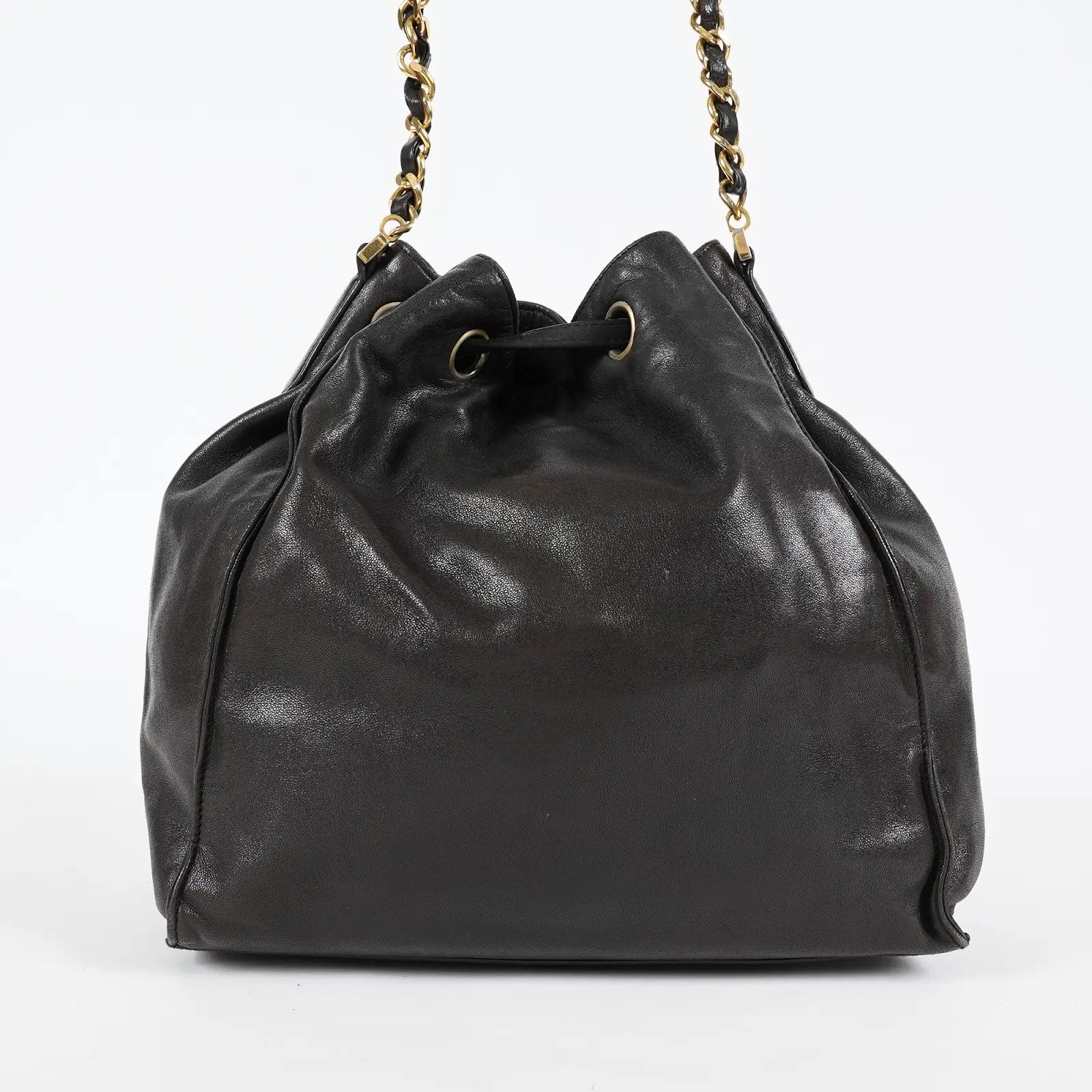 CHANEL Vintage CC Black Leather Drawstring Shoulder Bag 26cm Used 07E118580027