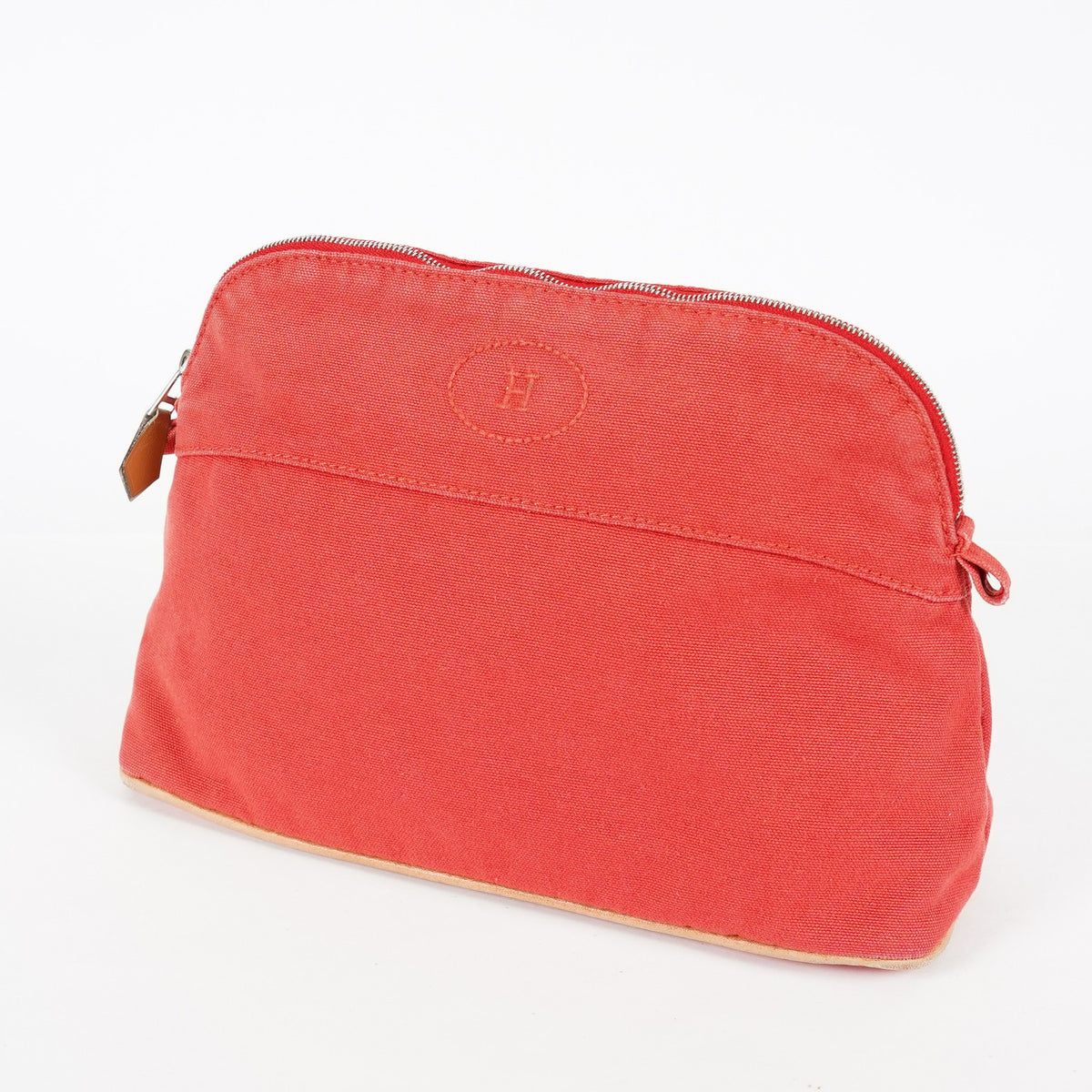 Hermes Bolide Pouch 27 Red Canvas Leather Trim Zip Cosmetic Bag Used 08E26825007