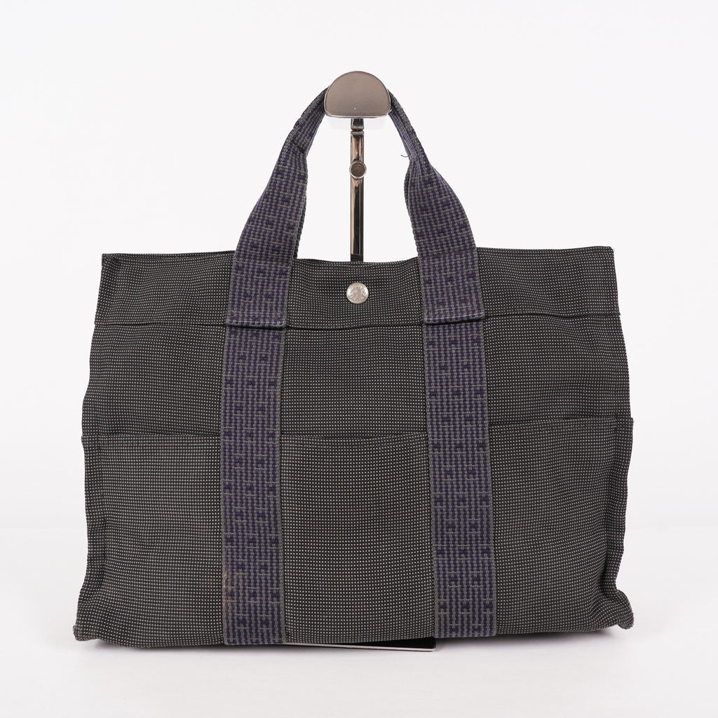 Hermes Herline MM Tote Bag Gray Canvas H Logo Used 07E20825001