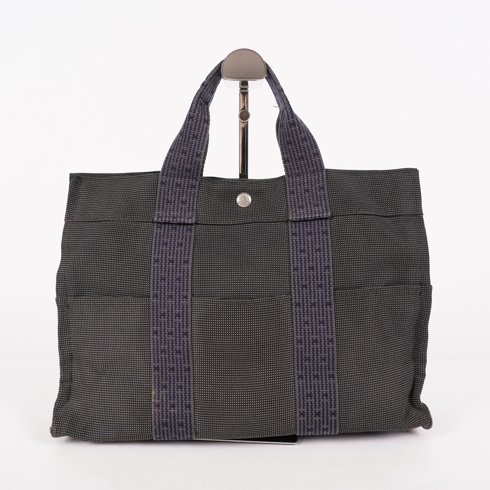 Hermes Herline MM Tote Bag Gray Canvas H Logo Used 07E20825001