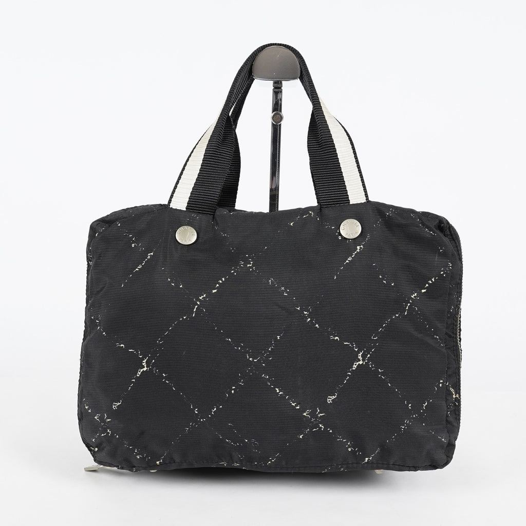 Chanel Travel Line Tote 26 Black Nylon Jacquard Hand Bag Used 07E131155015