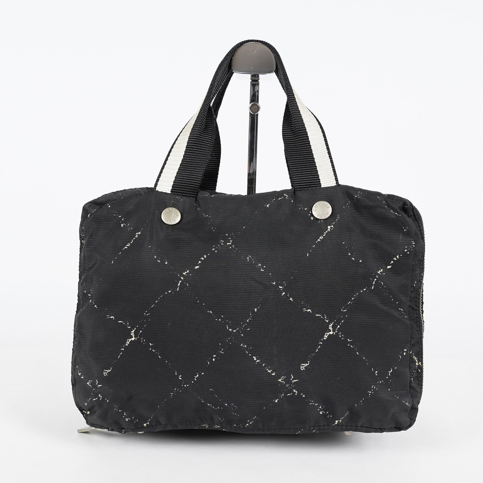 Chanel Travel Line Tote 26 Black Nylon Jacquard Hand Bag Used 07E131155015