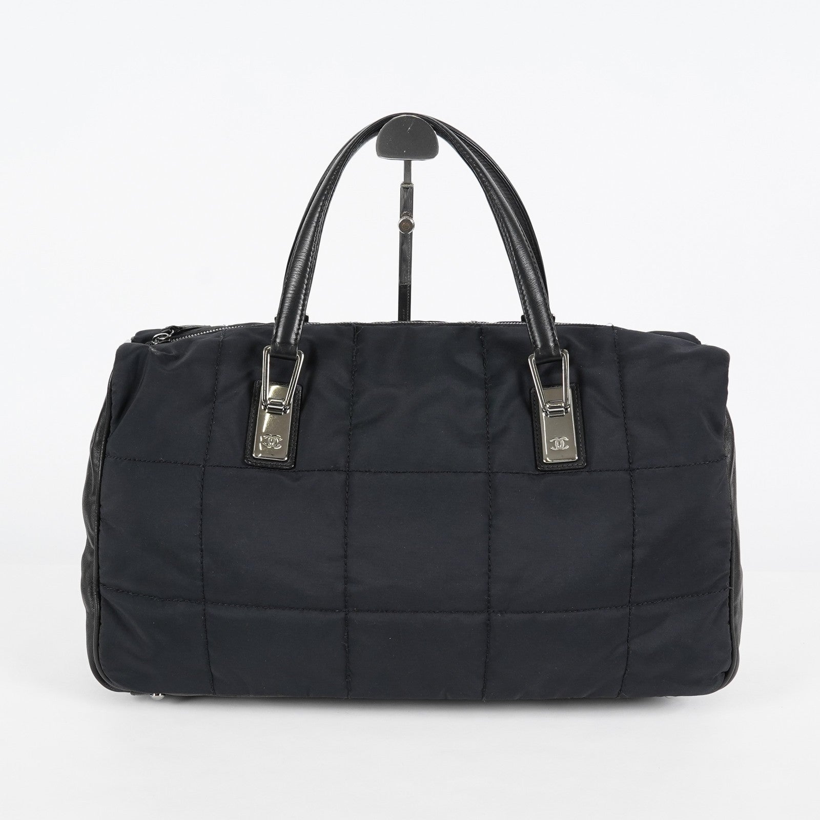 CHANEL Chocolate Bar Nylon Mini Boston Handbag Black Silver HW Used 07E314180008