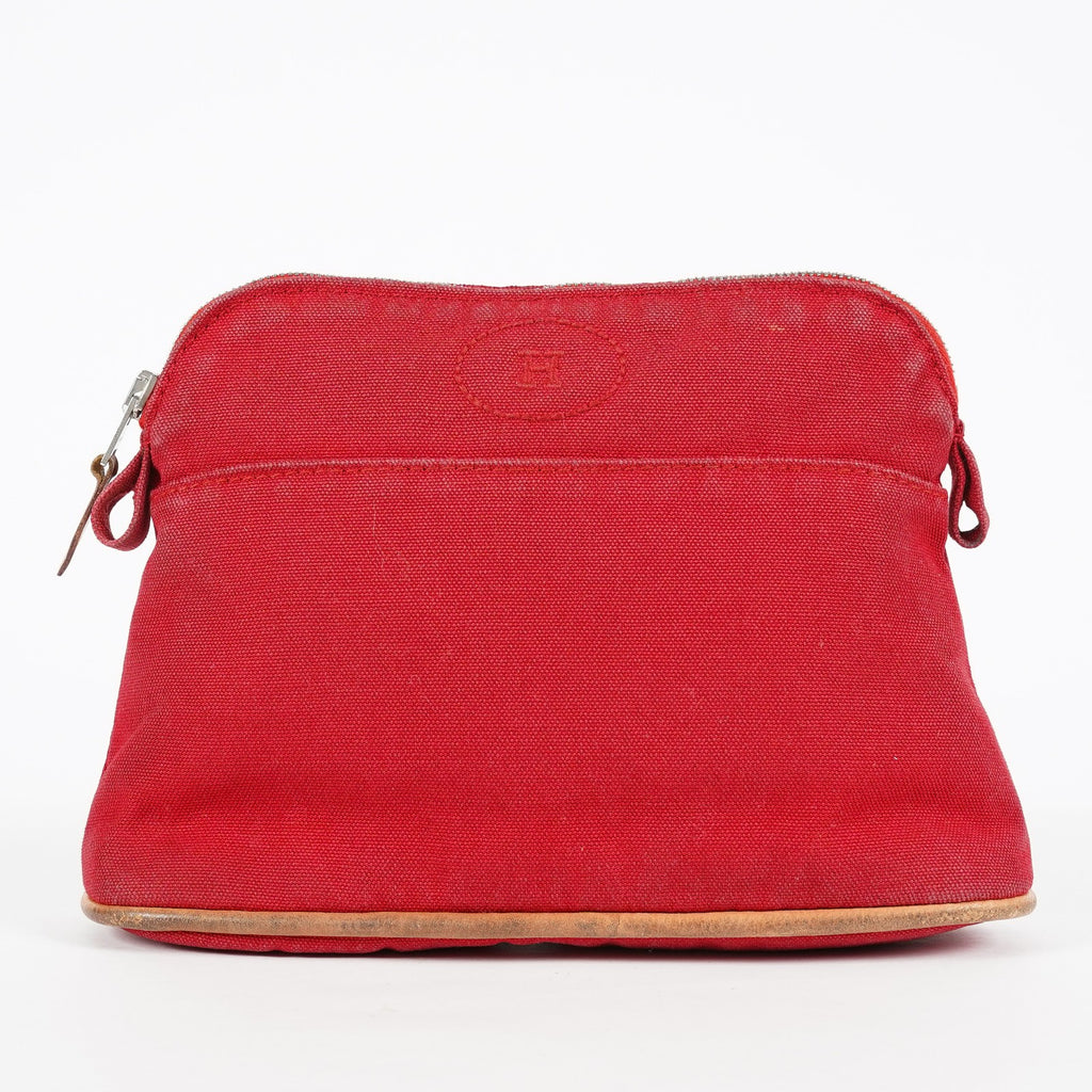 Hermes Bolide Pouch 20 Red Canvas Leather Trim Cosmetic Pouch Used 08E04605008