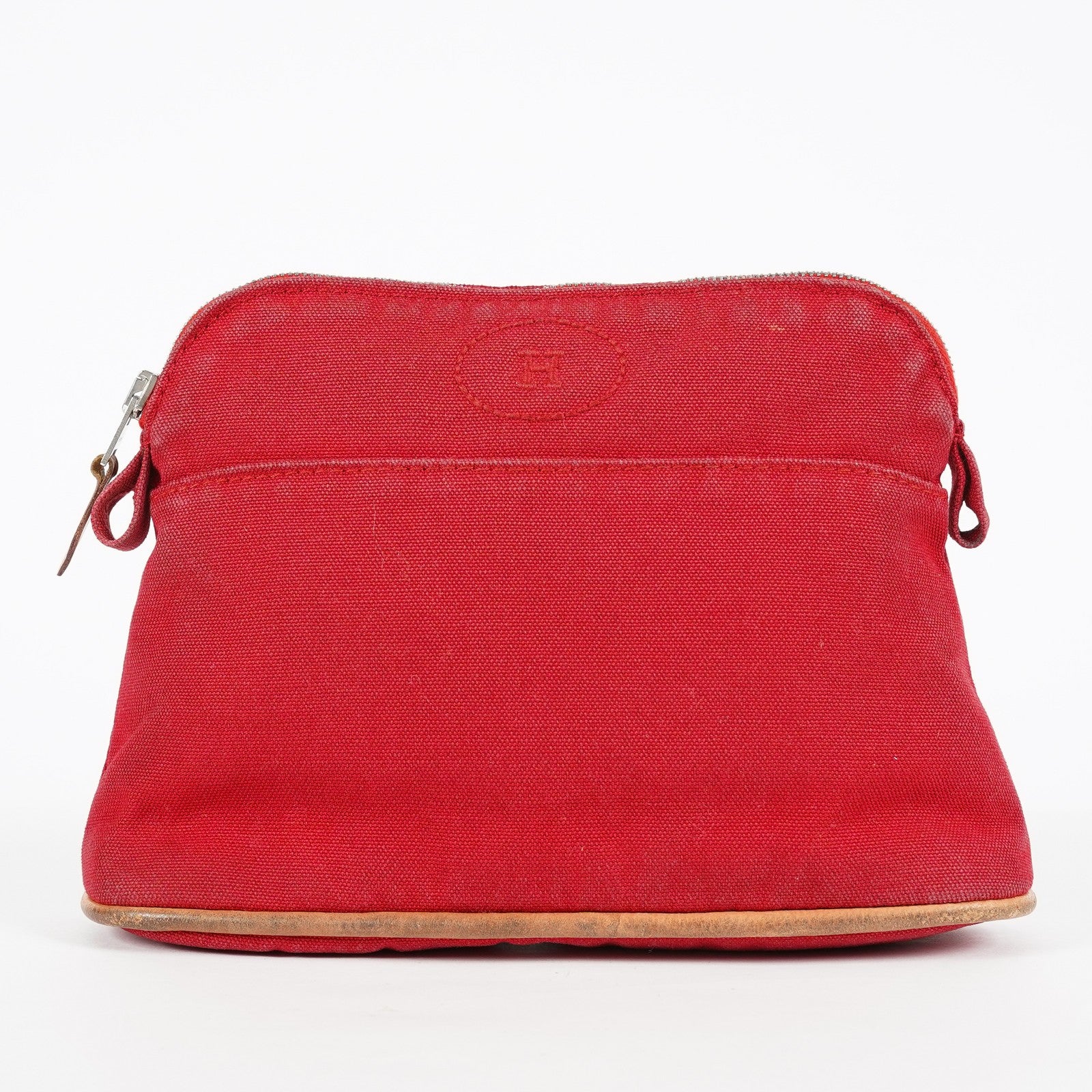 Hermes Bolide Pouch 20 Red Canvas Leather Trim Cosmetic Pouch Used 08E04605008