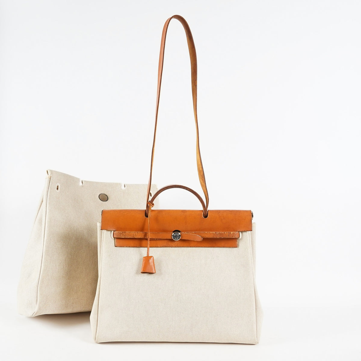 Hermes Herbag MM Beige Canvas Leather 2way Shoulder Handbag Used 09E185940006