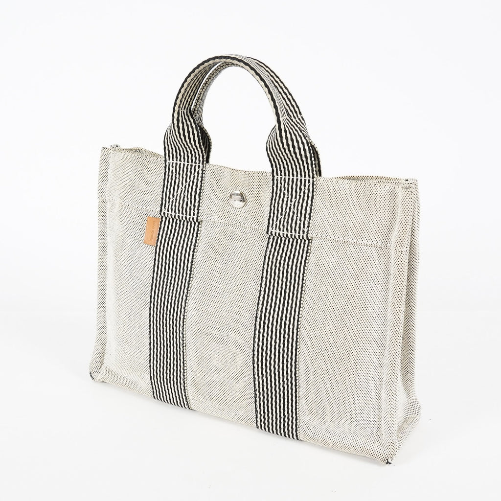 HERMES Fourre Tout PM Canvas Tote Hand Bag Gray Black Stripe 08E23825010
