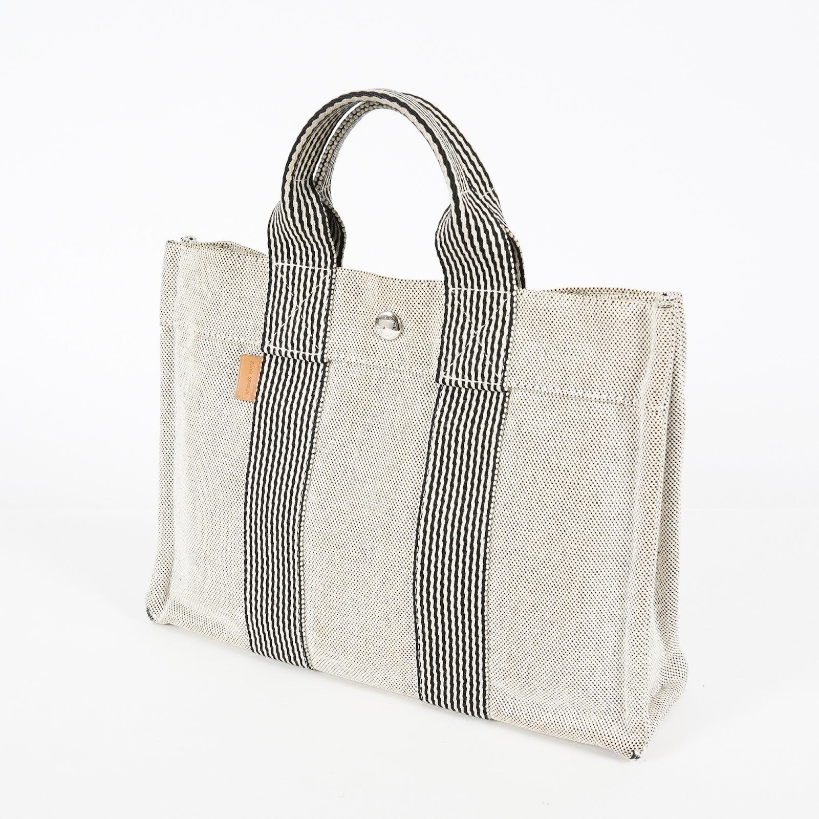 HERMES Fourre Tout PM Canvas Tote Hand Bag Gray Black Stripe 08E23825010