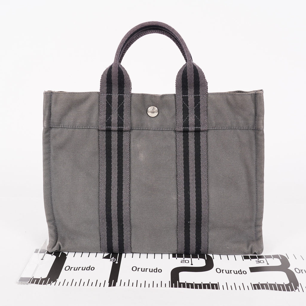 Hermes Fourre-Tout PM Tote Bag Gray Canvas Black Stripe Used Vintage 06E01825030