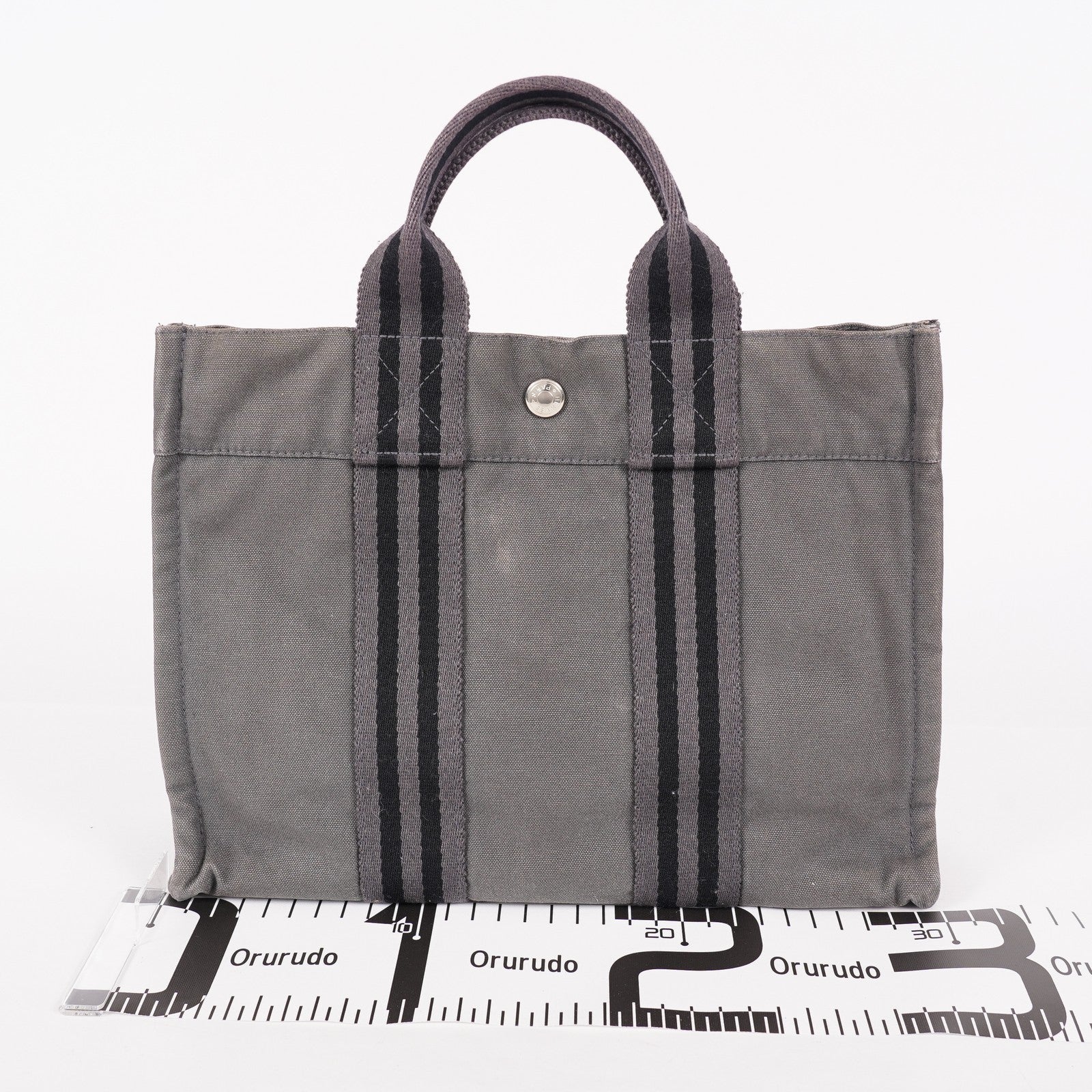 Hermes Fourre-Tout PM Tote Bag Gray Canvas Black Stripe Used Vintage 06E01825030
