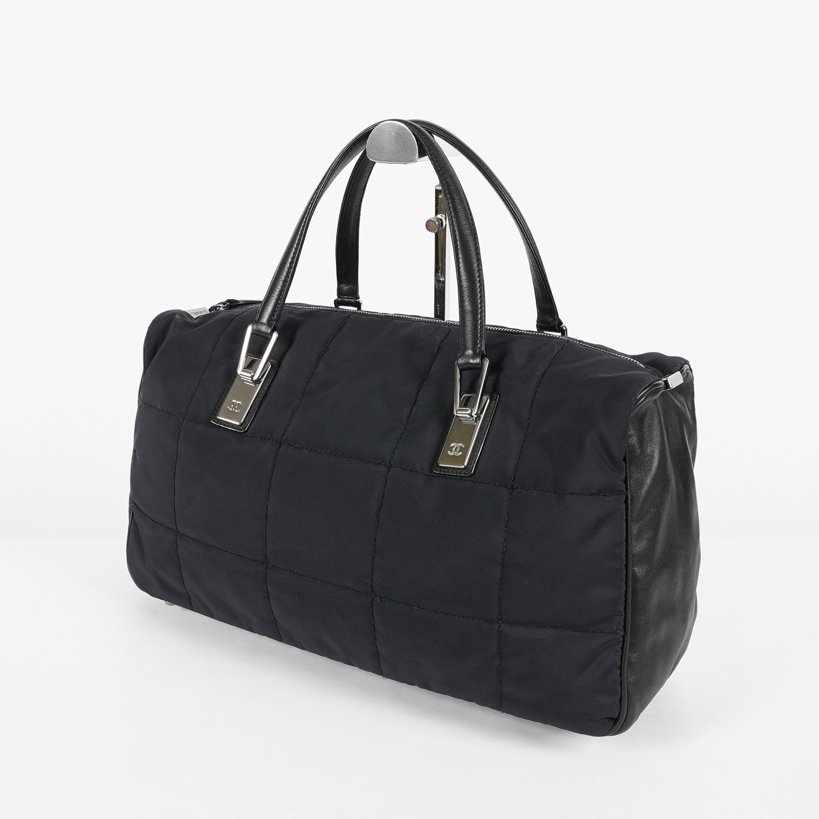 CHANEL Chocolate Bar Nylon Mini Boston Handbag Black Silver HW Used 07E314180008