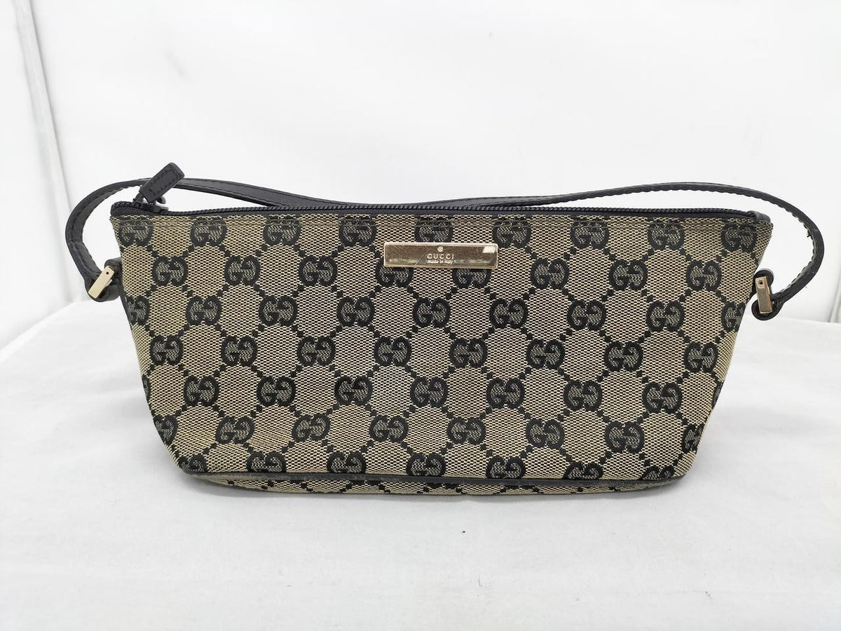 GUCCI GG Canvas Accessory Pouch Beige Black Leather Vintage Handbag 08O102330024