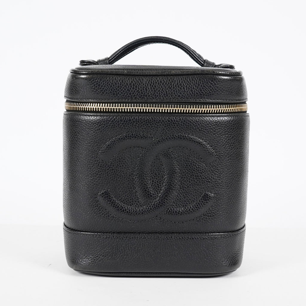 CHANEL Caviar Skin CC Vanity Bag Black Gold Hardware Vintage Case 08E047150002