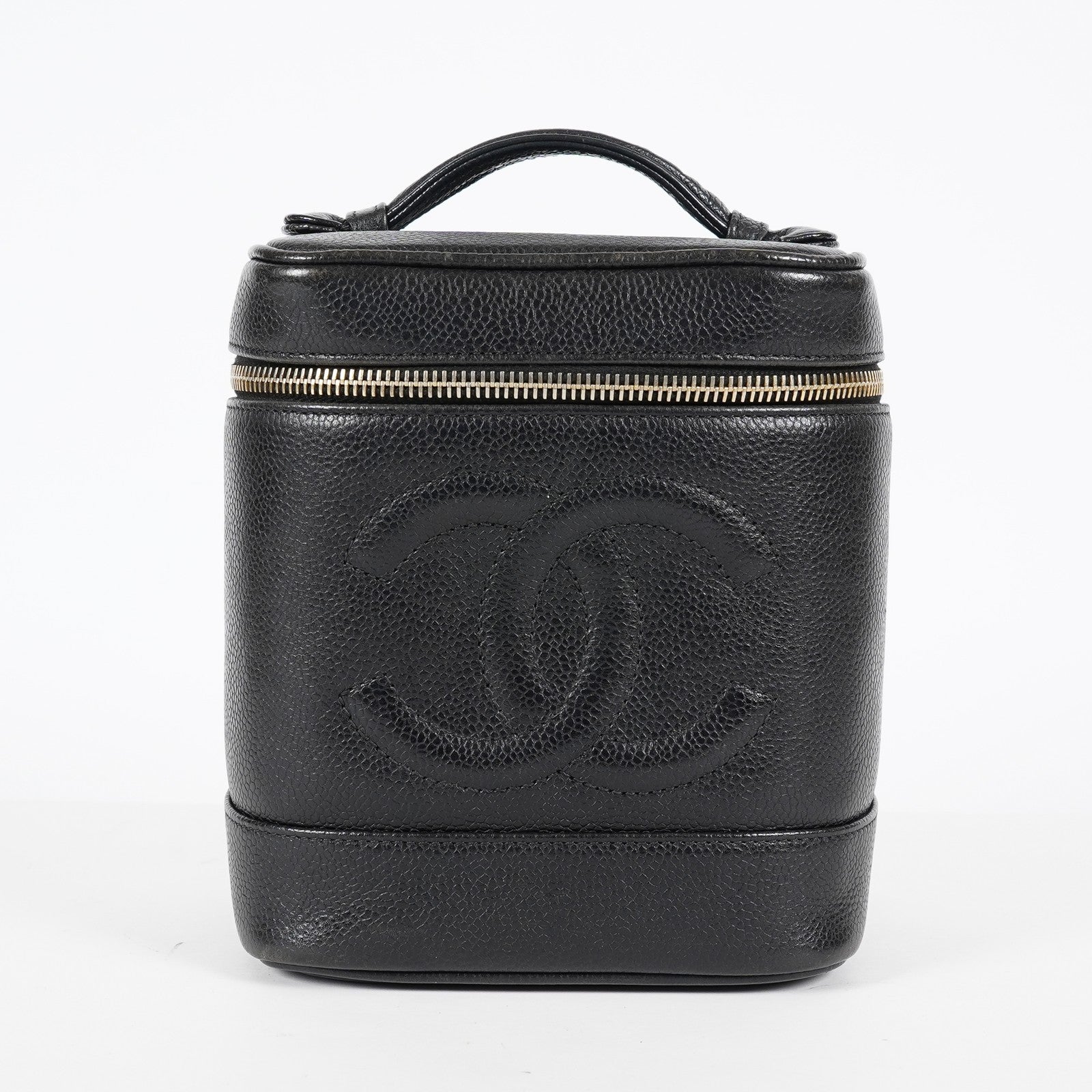CHANEL Caviar Skin CC Vanity Bag Black Gold Hardware Vintage Case 08E047150002
