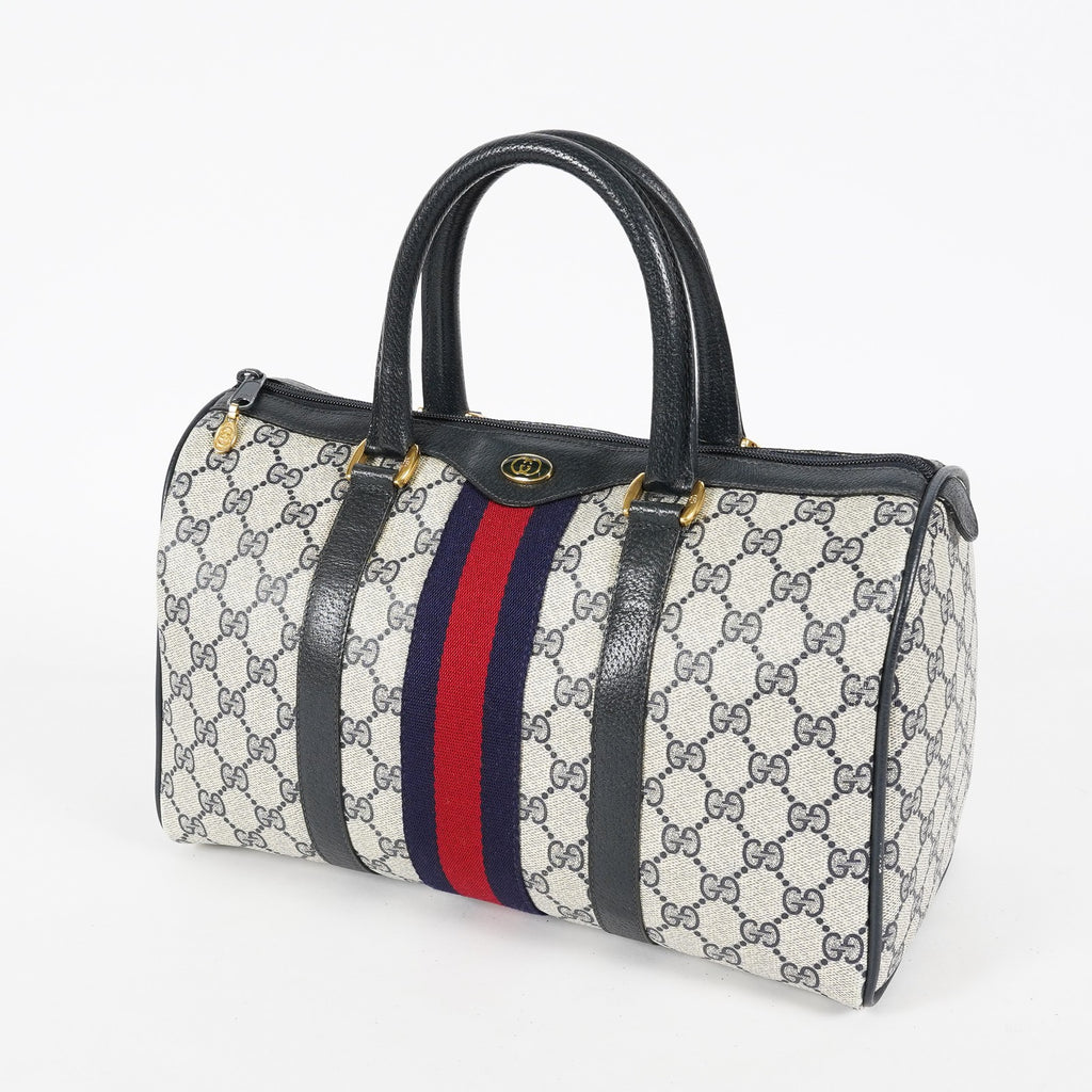 Gucci Vintage GG Supreme Sherry Web Mini Boston Bag Navy Leather 07E043410017