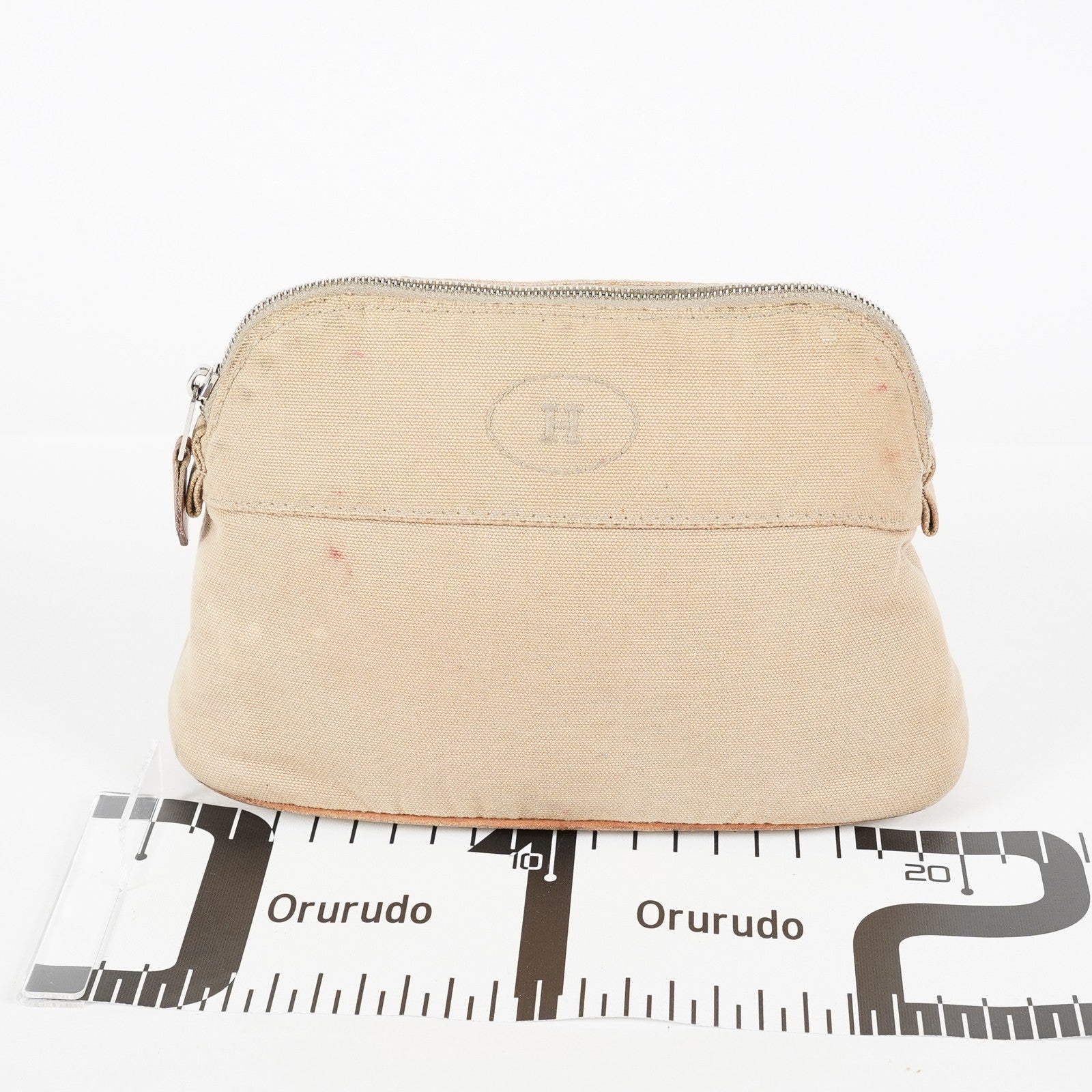 Hermes Bolide Pouch 21 Beige Canvas Leather Cosmetic Pouch Used 08E23495007