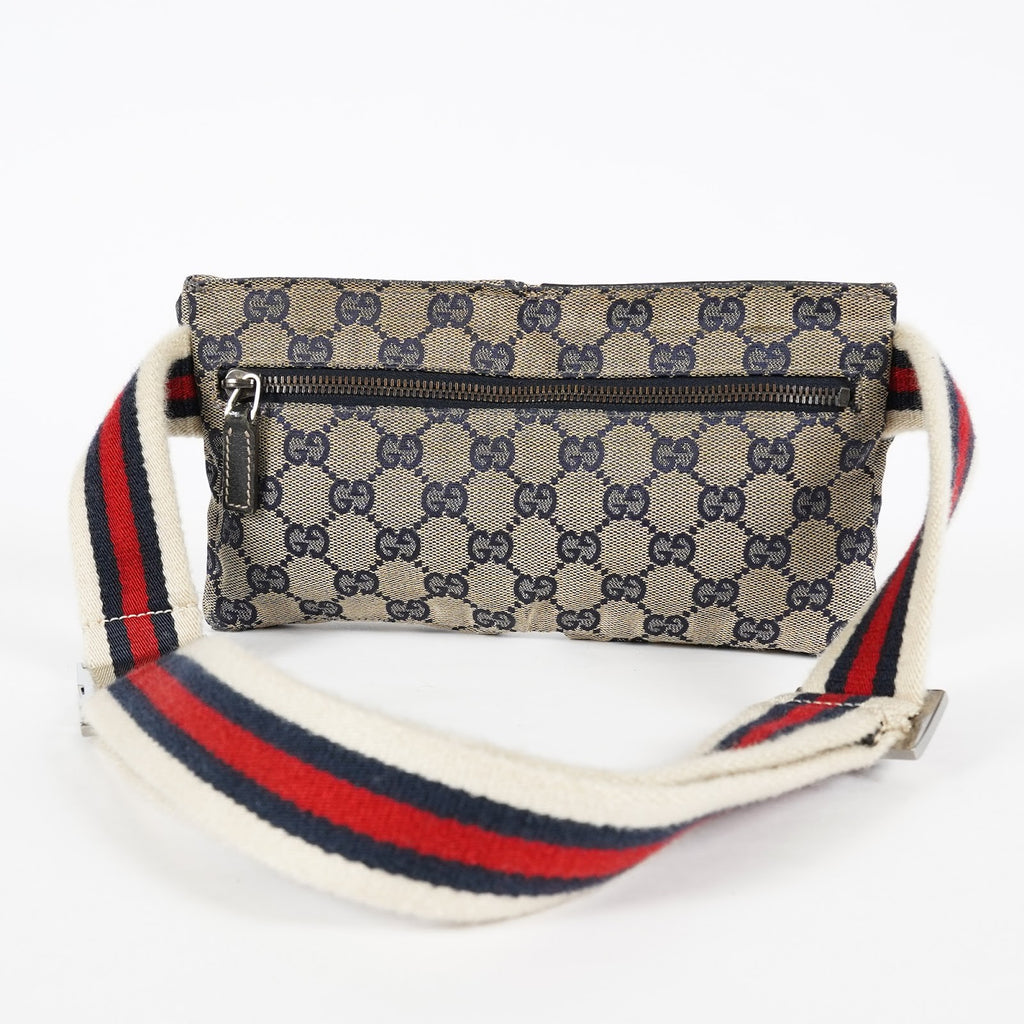 GUCCI GG Canvas Waist Belt Bag Beige Navy Sherry Web Vintage Used 08E162530010