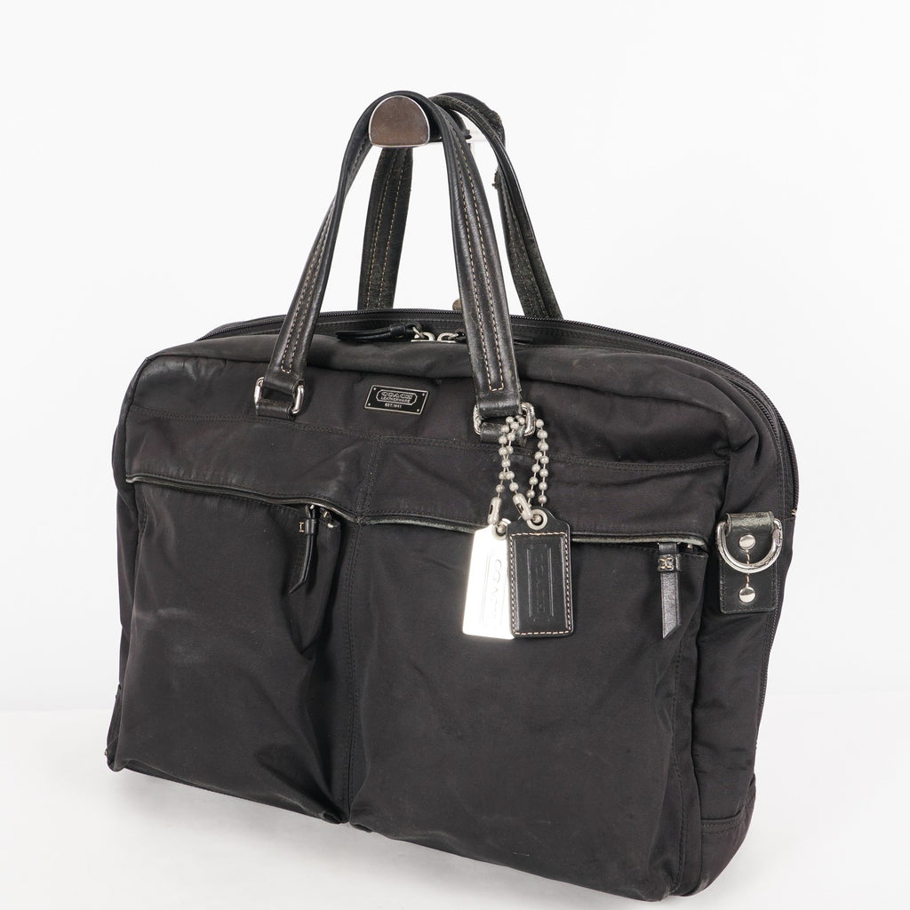 Coach Varick Briefcase Business Bag Brown Nylon Leather Tablet Laptop XY90