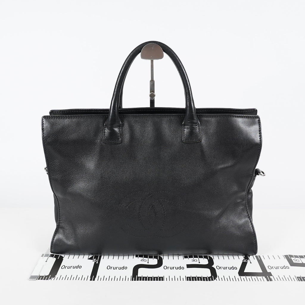CHANEL CC Logo Tote Bag 40cm Black Leather Silver Hardware Used 07E1711440027