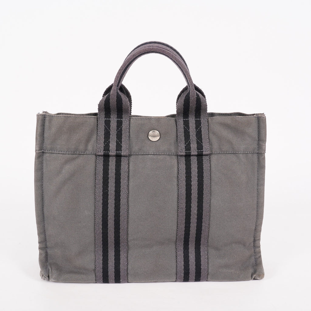 Hermes Fourre-Tout PM Tote Bag Gray Canvas Black Stripe Used Vintage 06E01825030