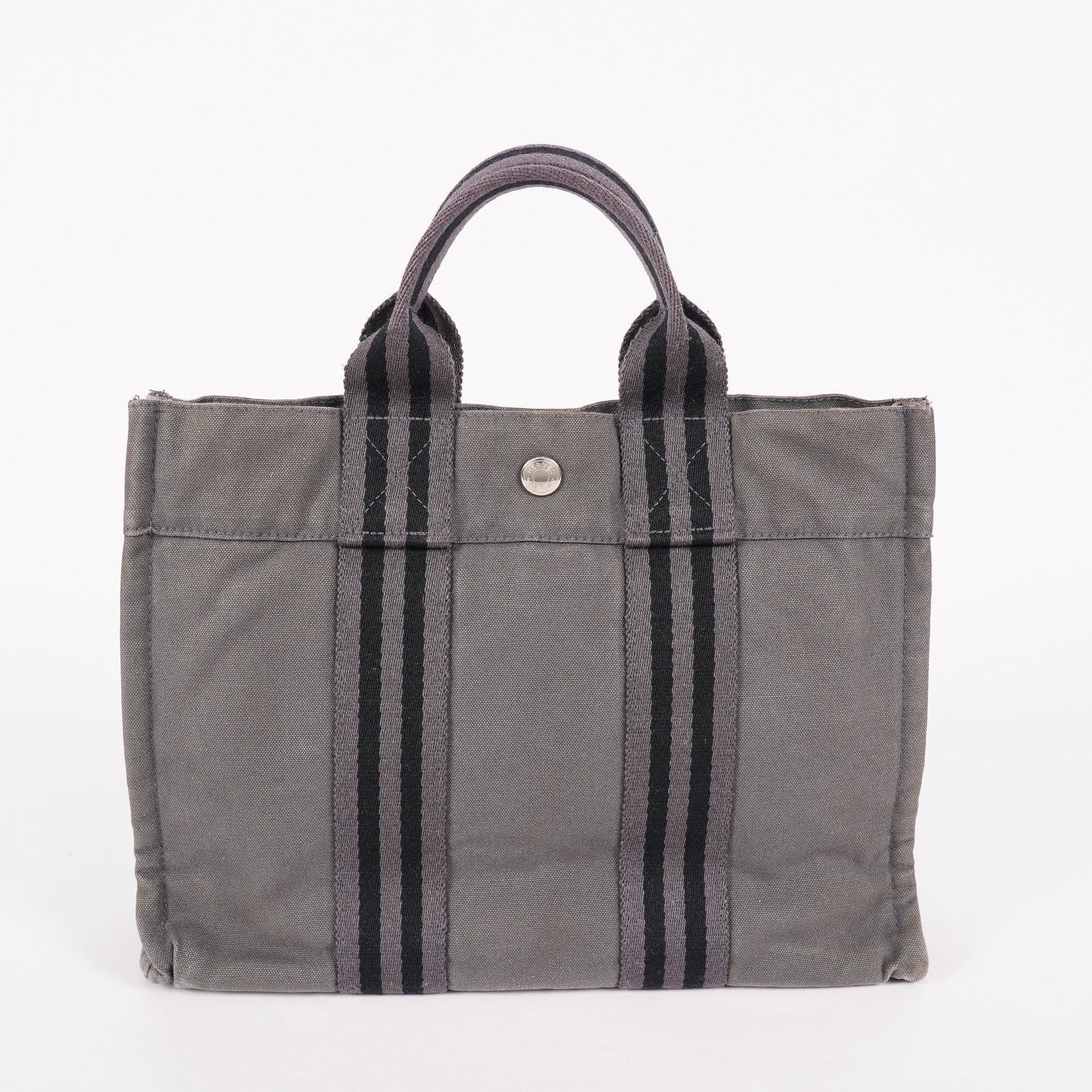 Hermes Fourre-Tout PM Tote Bag Gray Canvas Black Stripe Used Vintage 06E01825030