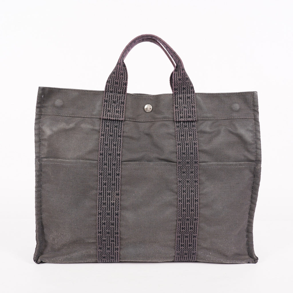 Hermes Herline Tote MM Gray Canvas Silver HW Bag Used Vintage Purse 07E22605005