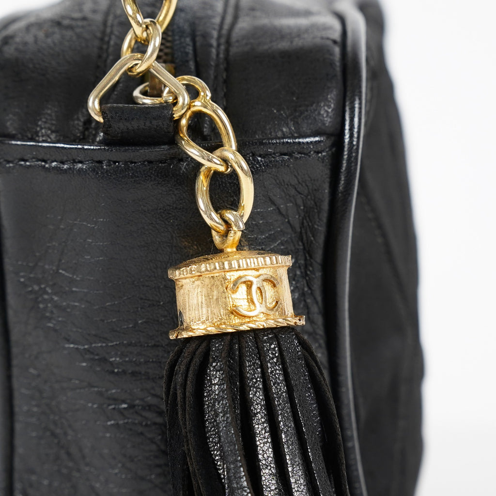 Chanel Satin Leather CC Fringe Chain Shoulder Bag Black Used 07E058800027