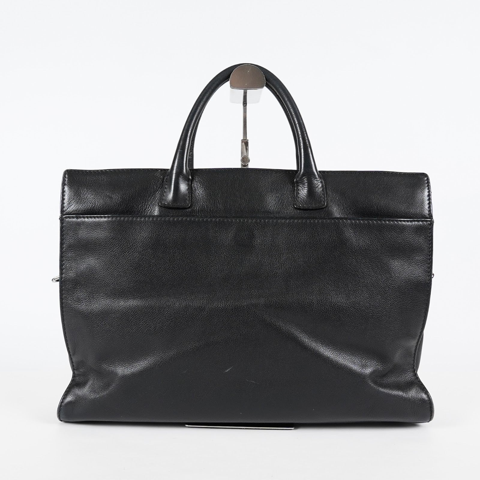 CHANEL CC Logo Tote Bag 40cm Black Leather Silver Hardware Used 07E1711440027