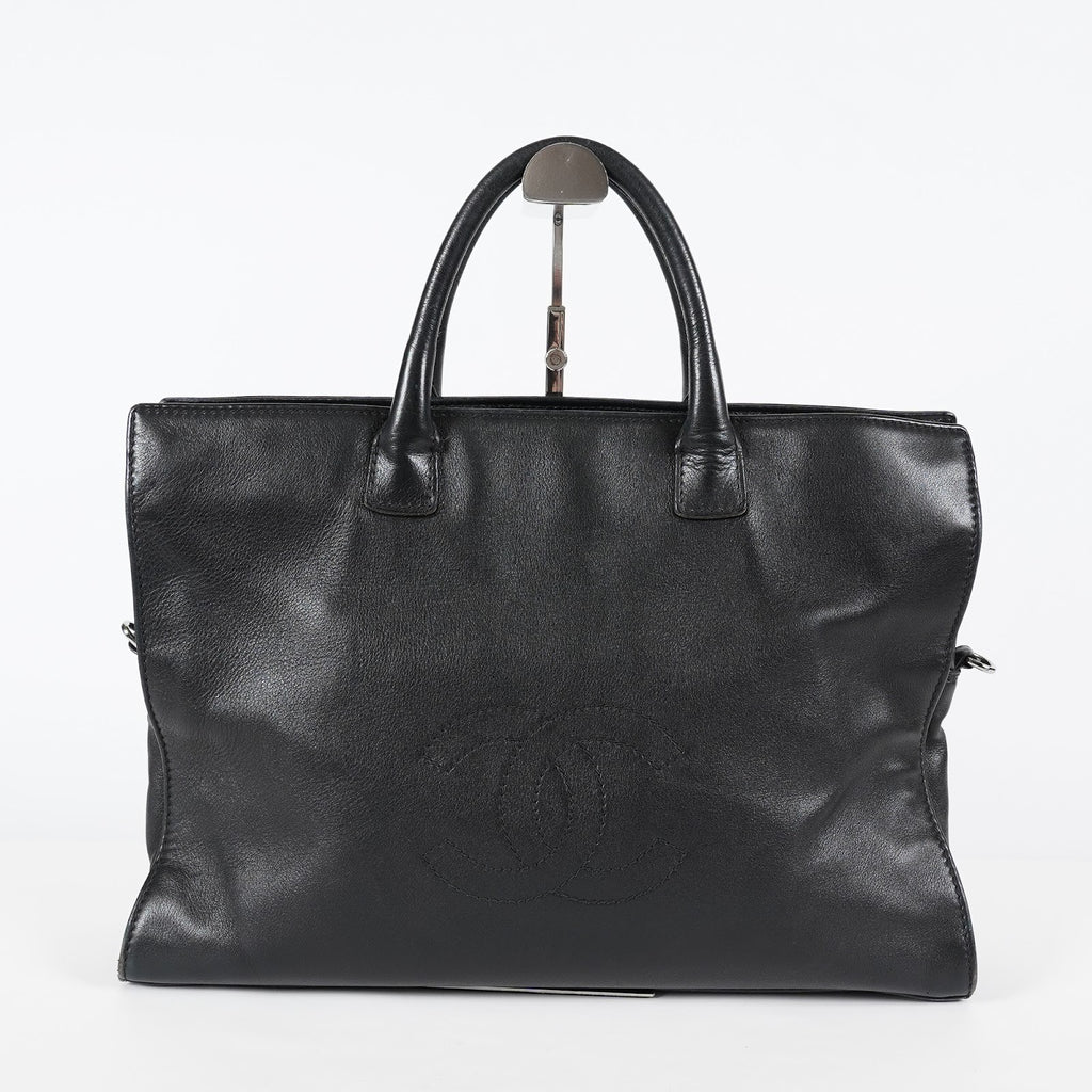 CHANEL CC Logo Tote Bag 40cm Black Leather Silver Hardware Used 07E1711440027