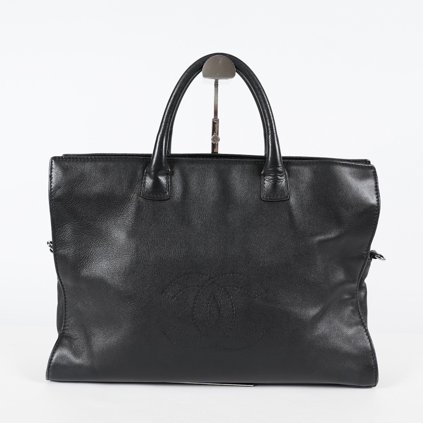 CHANEL CC Logo Tote Bag 40cm Black Leather Silver Hardware Used 07E1711440027