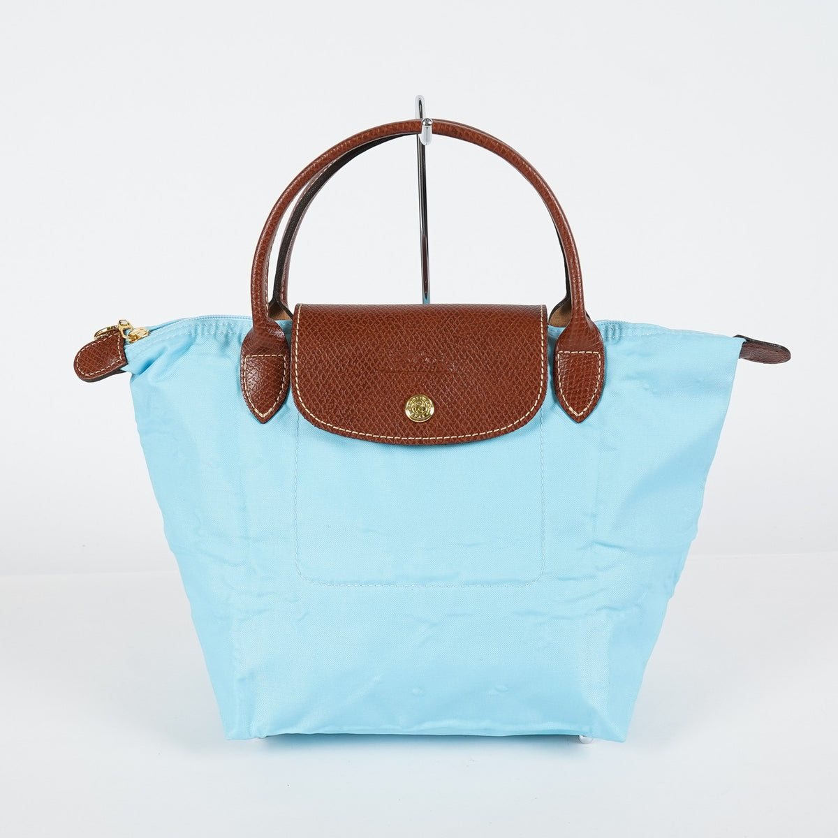 Longchamp Le Pliage Tote Bag Light Blue Nylon Leather Handbag Used XYZ270