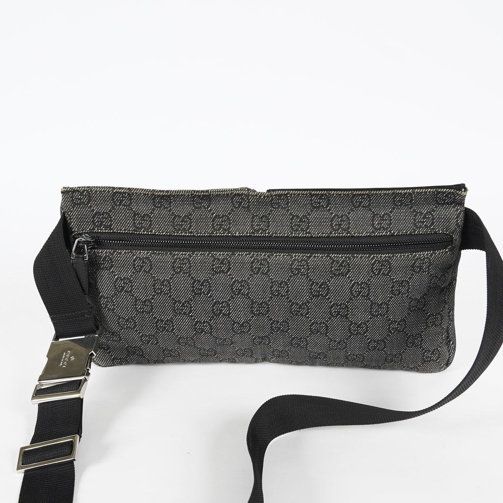 Gucci GG Denim Waist Belt Bag 30cm Black Leather Trim Used Vintage 08E022310002