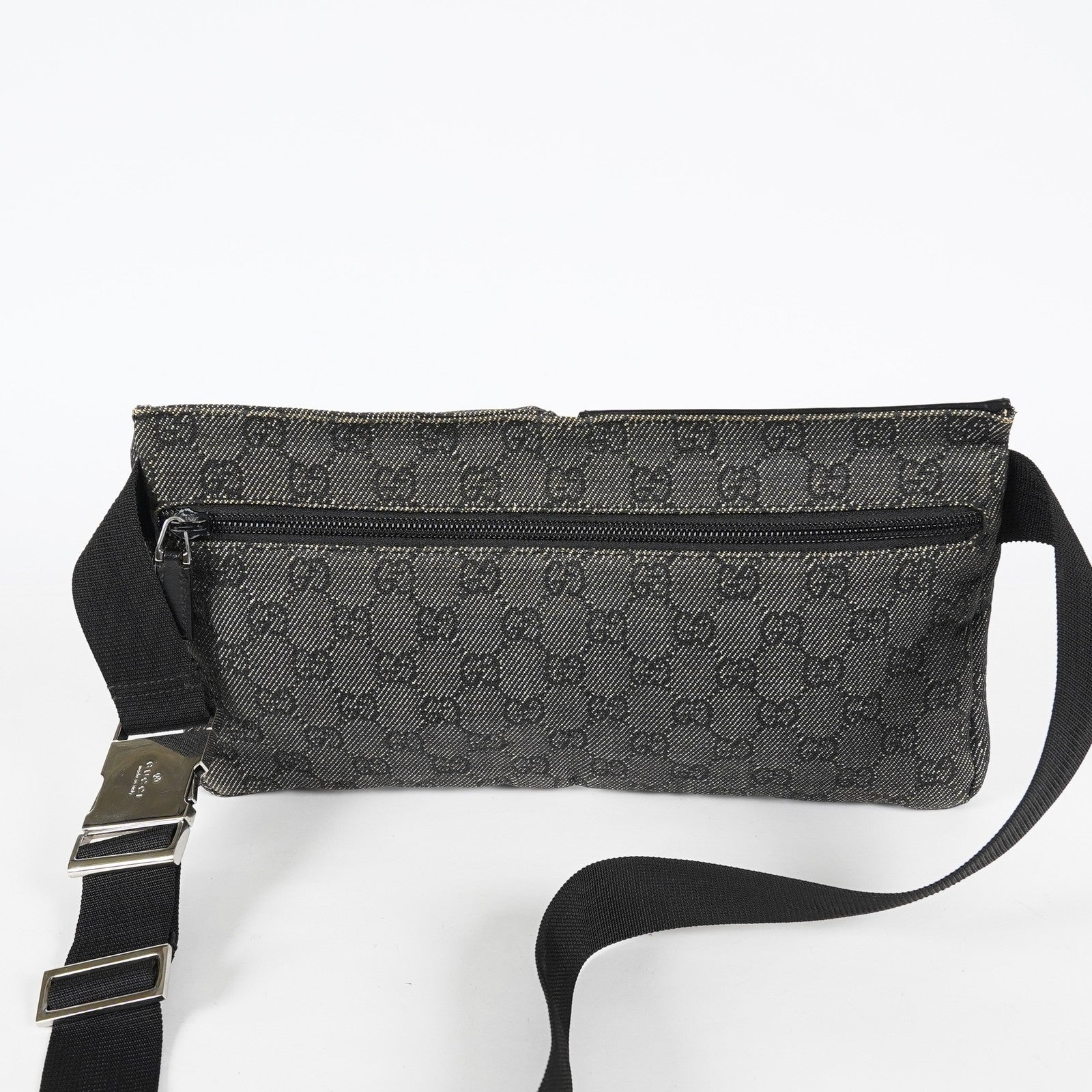 Gucci GG Denim Waist Belt Bag 30cm Black Leather Trim Used Vintage 08E022310002