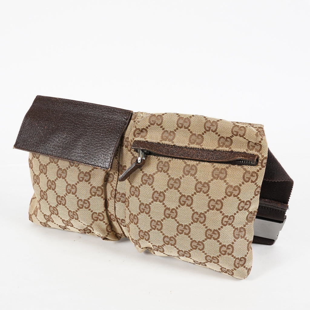 Gucci GG Canvas Waist Bag Belt Bag Beige Brown Leather Used Vintage 08A132516803