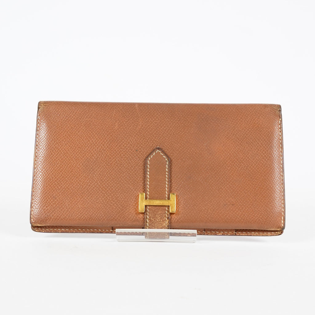 Hermes Bearn Soufflet Long Wallet Brown Leather Gold Hardware Used 08E022090008