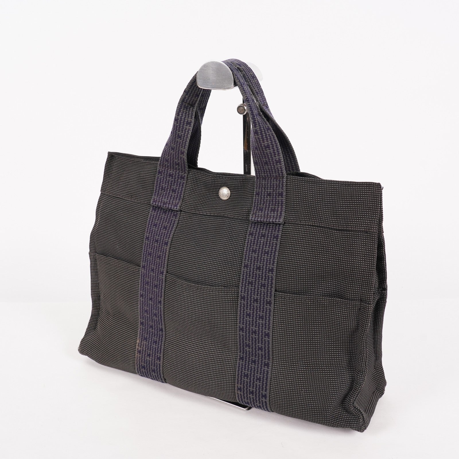 Hermes Herline MM Tote Bag Gray Canvas H Logo Used 07E20825001
